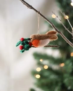 Handmade Felt Robin On A Holly Branch Ornament